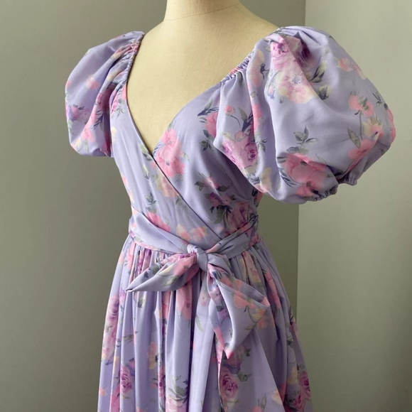 Lilac Floral Puff Sleeve High Waist Surplice Maxi Dress with Bow - Picture 13 of 16